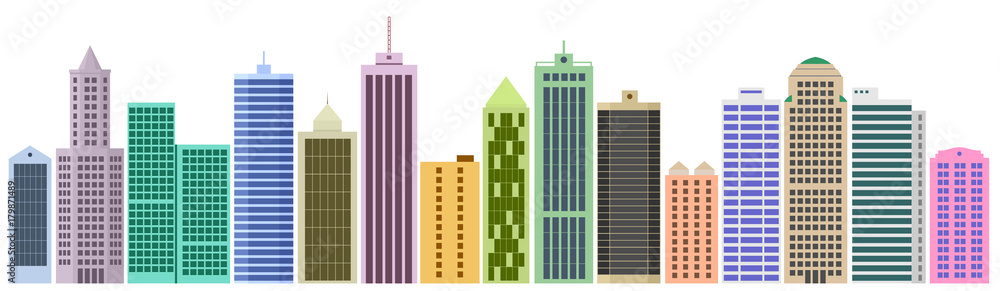 Cartoon banner of the website with set of skyscrapers and buildings. Set of facades. Vector graphics templates - obrazy, fototapety, plakaty 