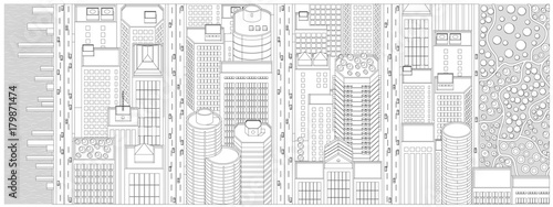 Cartoon banner web site with the panorama of Manhattan in new York. Contour black and white print . Top view, isometric. Vector graphics. Central Park