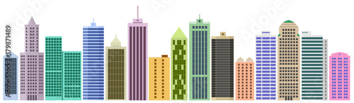 Cartoon banner of the website with set of skyscrapers and buildings. Set of facades. Vector graphics templates