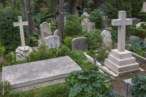 Dettaglio di molte croci poste sopra le rispettive tombe in un cimitero cattolico italiano. Le croci sono costruite in pietra in mezzo a tanti alberi. photo
