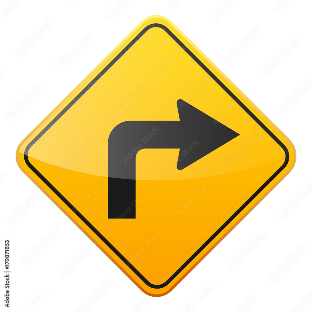 Road yellow sign on white background. Road traffic control.Lane usage. Stop and yield. Regulatory sign. Street. Curves and turns. Road yellow sign on white background. Road traffic control.Lane usage. Stop and yield. Regulatory sign. Street. Curves and turns.