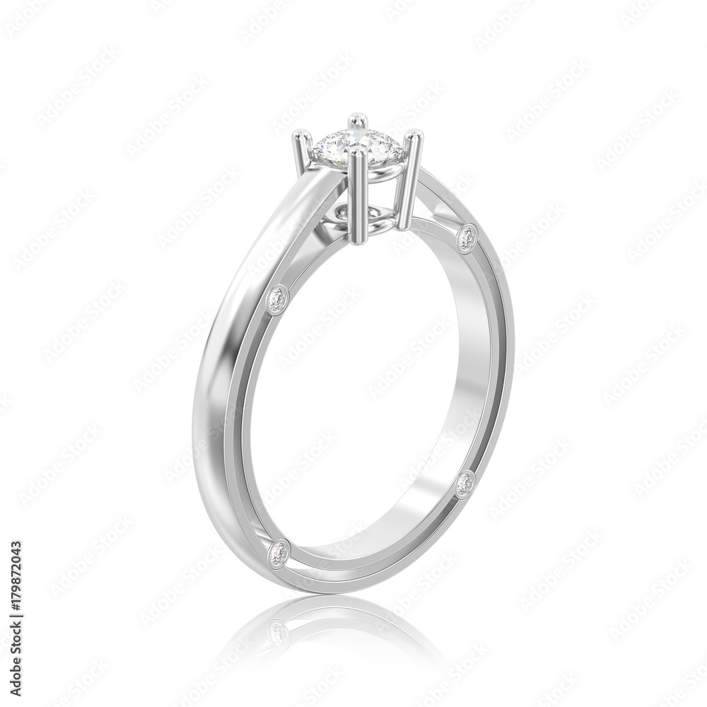 Fototapeta premium 3D illustration white gold or silver decorative solitaire engagement diamond ring with reflection