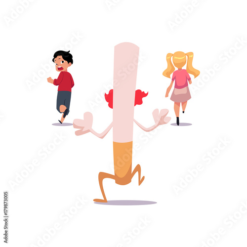 Huge evil cigarette running after two frightened kids, boy and girl, smoking as threat concept, cartoon vector illustration isolated on white background. Kids running from huge evil cigarette monster