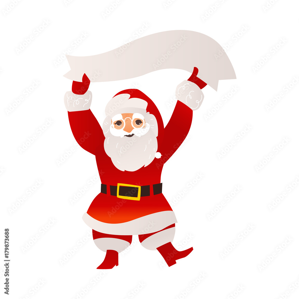 Funny Santa Claus in glasses holding blank, empty banner, poster above his head, flat cartoon vector illustration isolated on white background. Santa Claus holding empty banner with place for text Funny Santa Claus in glasses holding blank, empty banner, poster above his head, flat cartoon vector illustration isolated on white background. Santa Claus holding empty banner with place for text