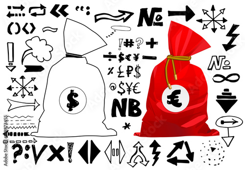 Doodle style sketch of a bag full of money finance and business. Vector illustration. Handwritten arrows, lines and signs isolated on white background. Set of sketch doodle ready for your business.