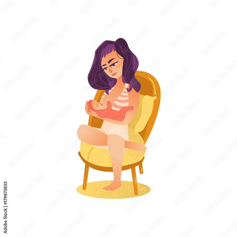 vector flat cartoon adult cute woman girl in casual clothing and purple hair sitting at chair with infant newborn baby toddler on her knees breastfeeding. Isolated illustration on a white background. vector flat cartoon adult cute woman girl in casual clothing and purple hair sitting at chair with infant newborn baby toddler on her knees breastfeeding. Isolated illustration on a white background.