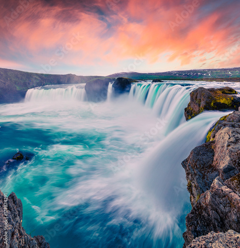 Summer morning scene on the Godafoss Waterfall