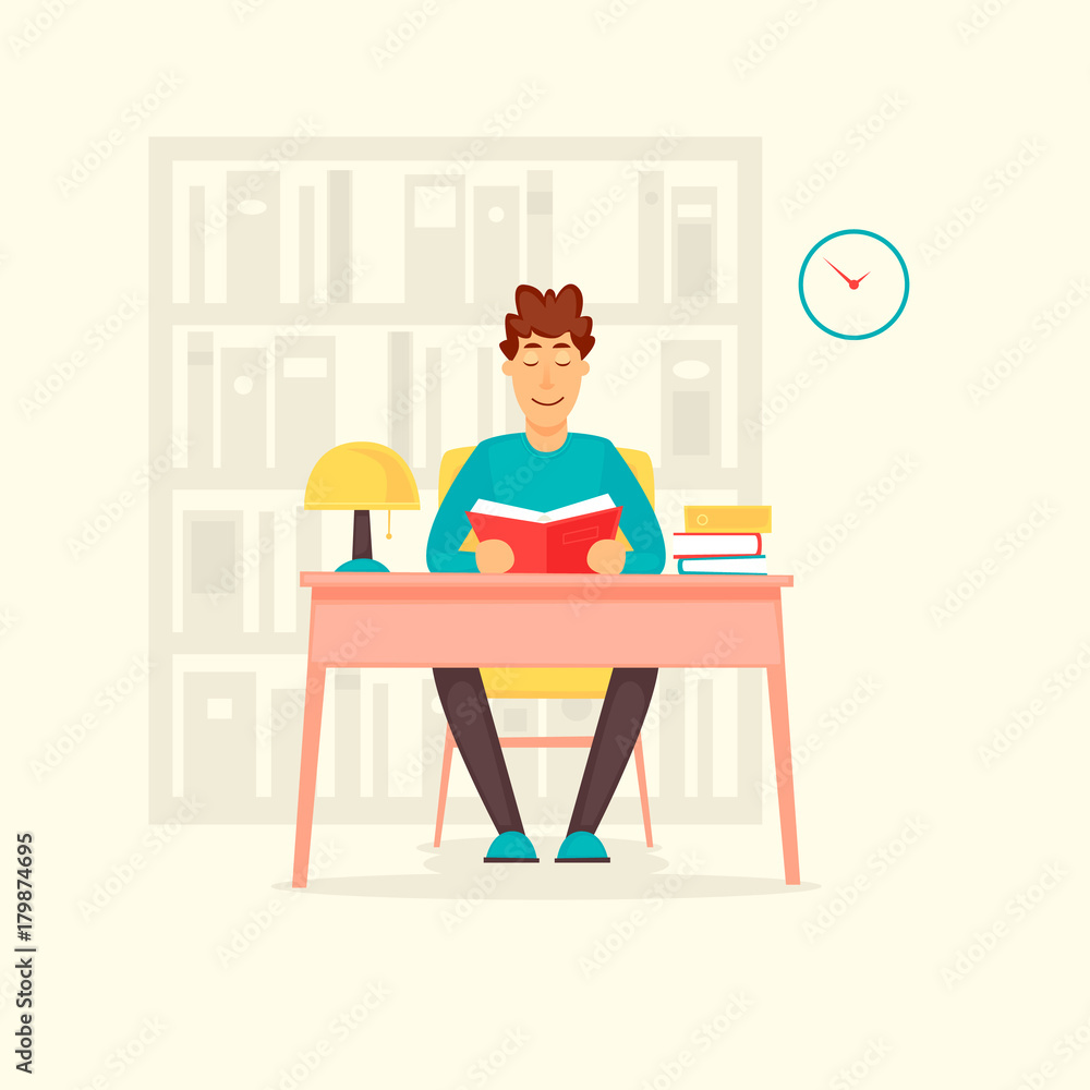 Obraz premium Guy in the library. Flat design vector illustration.