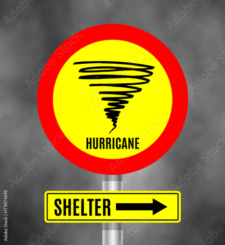 Stormy Weather Ahead Sign Board, Hurricane indication. Graphic banner of hurricane warning, shelter. Icon, sign, symbol, indication of the hurricane, vortex, tornado. Vector illustration.