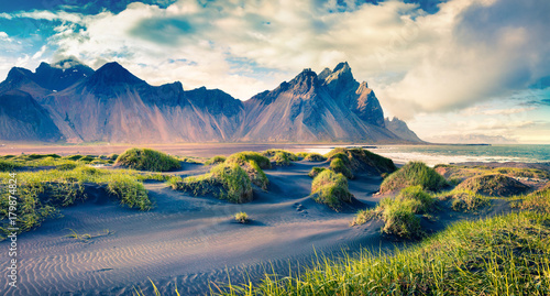 Black sand dunes on the Stokksnes headland on southeastern Icelandic coast.