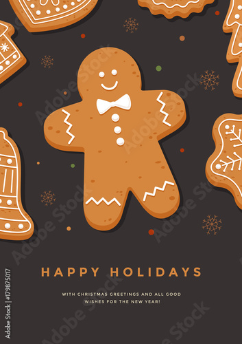 Christmas card with gingerbread man and inscription Happy Holidays. Template for design of your holiday cards. Vector illustration.