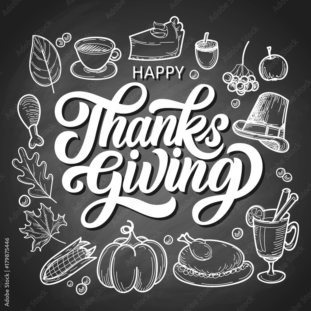 Happy thanksgiving brush hand lettering with food doodles on black chalkboard background. Calligraphy vector illustration. Can be used for holiday design.