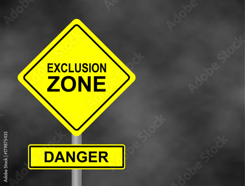 Background of dark GREY sky with cumulus clouds and yellow road sign with text Danger Exclusion Zone. Vector illustration.