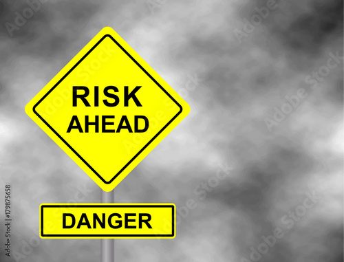 Yellow road sign as a warning of Danger Risk Ahead. Background of dark grey sky with cumulus clouds and yellow banner. Vector illustration.