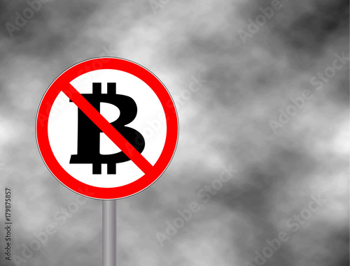 Sign No Bitcoin isolated on grey sky background. Prohibition cartoon sign. Not Allowed Sign. Vector illustration.