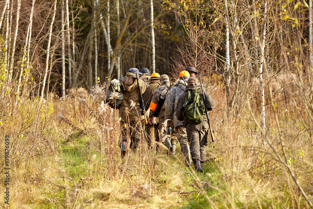 group of hunters during hunting in forest, chase hunting