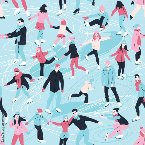 Vector seamless pattern with people skating. Colorful illustration in blue, pink colors
