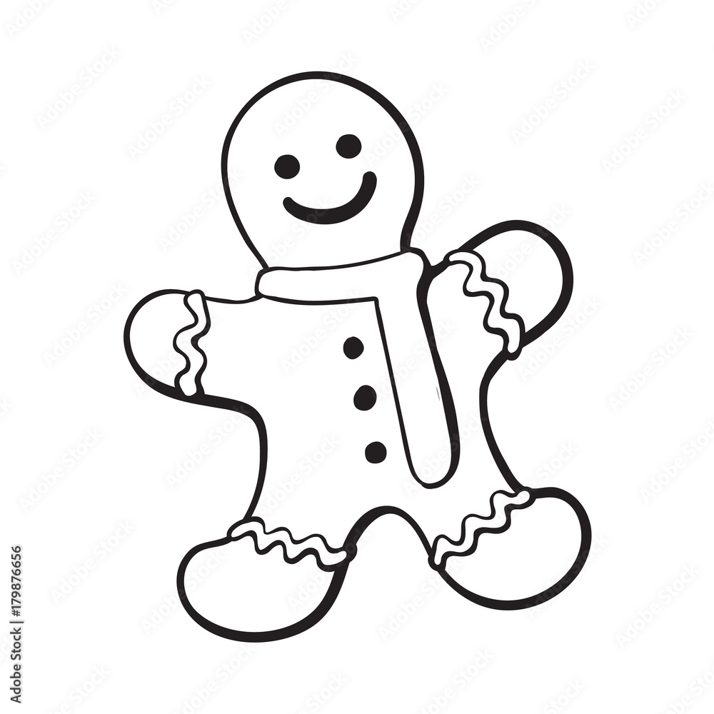 Glazed gingerman-shaped homemade Christmas gingerbread cookie, sketch style vector illustration isolated on white background. black and white gingerbread cookie in shape of smiling gingerman Glazed gingerman-shaped homemade Christmas gingerbread cookie, sketch style vector illustration isolated on white background. black and white gingerbread cookie in shape of smiling gingerman