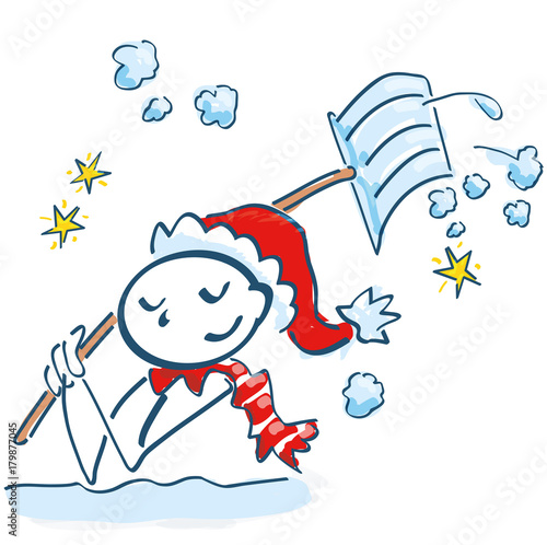 Strichmännchen als Nikolaus beim Schnee schippen