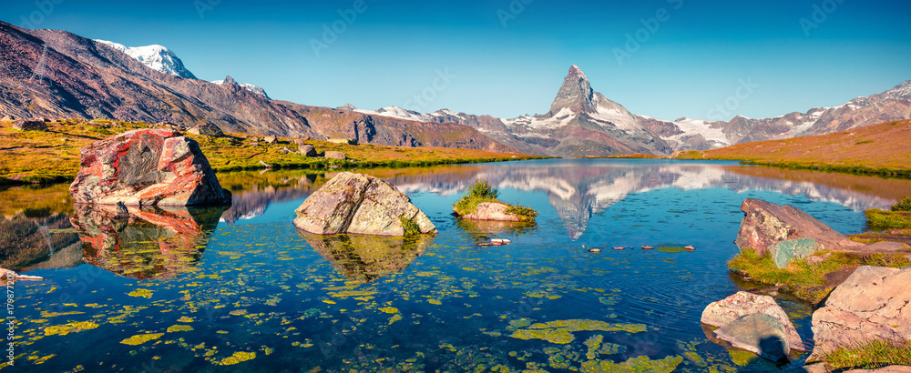 Colorful summer panorama of the Stellisee lake.