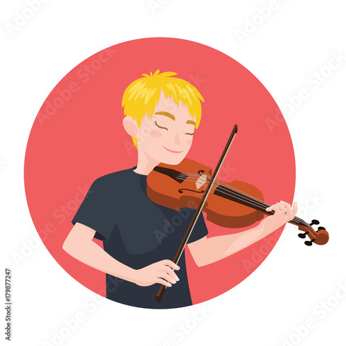 Musician playing violin. Boy violinist is inspired to play a classical musical instrument. Vector