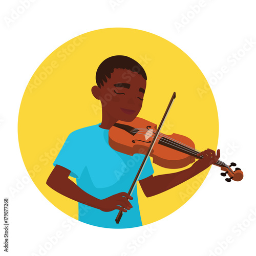Musician playing violin. Boy violinist is inspired to play a classical musical instrument. Vector