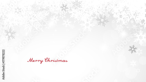 Christmas light background with white snowflakes and red Merry Christmas text - light version