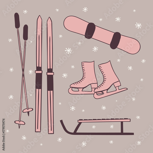 Icons of winter activities and sports. Skating, skiing, sled, snowboard. Accessories for the winter. Extreme Winter Sports