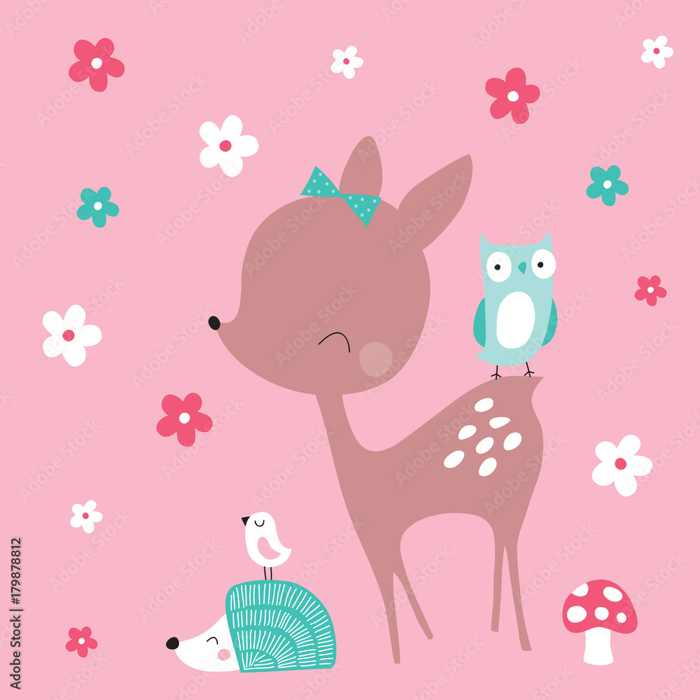 cute deer with hedgehog and birds vector illustration cute deer with hedgehog and birds vector illustration