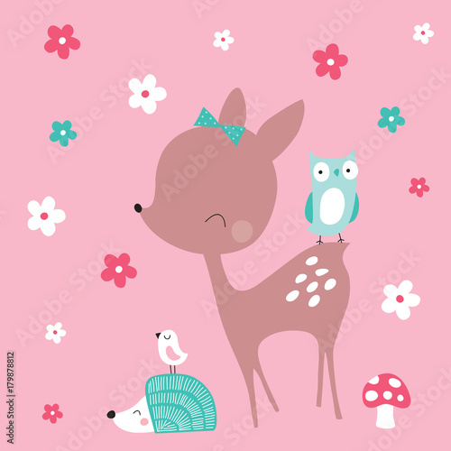 cute deer with hedgehog and birds vector illustration