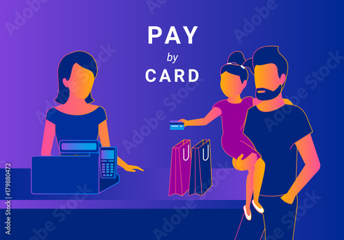 Family doing payment by credit card goods in the kids shop. Gradient line vector illustration of happy father with his daughter paying by credit card standing near cash machine.