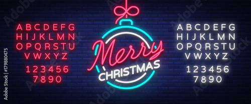 Merry christmas and a happy new year. Greeting card or invitation pattern in neon style. Neon luminous signboard, bright luminous banner. Vector vintage illustration. Editing text neon sign
