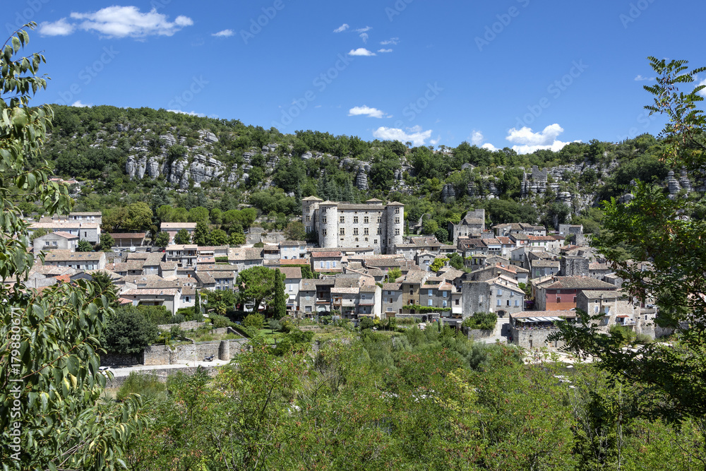 France, Vogue, river Ardeche: Skyline with ancient stone castle and homes of the medieval town.