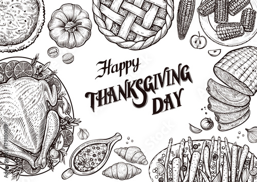 Dinner table, top view. Template with vector illustrations of food for tradition Thanksgiving day menu.