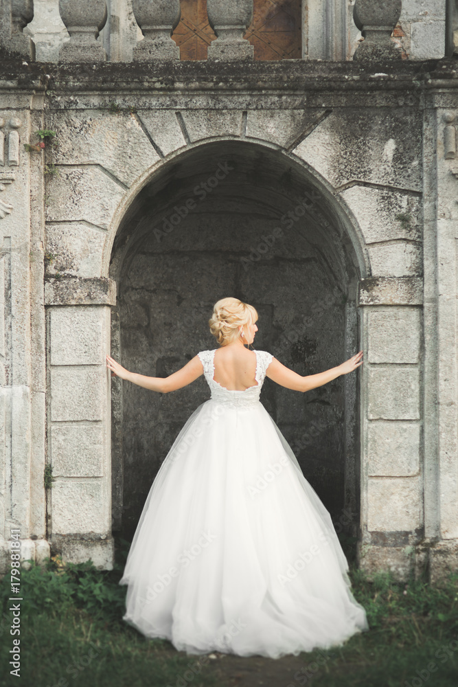 Beautiful elegant bride with perfect wedding dress and bouquet posing near old castle Beautiful elegant bride with perfect wedding dress and bouquet posing near old castle