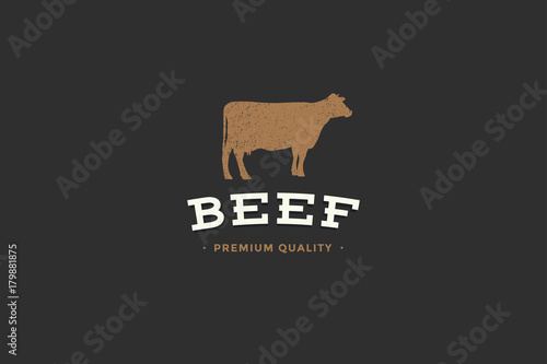 Emblem of Butcher shop with picture of silhouettes cow and writing beef premium quality. Design elements for meat stores, packaging and advertising. Vector Illustration.
