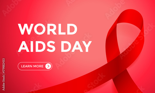 World AIDS day red ribbon web banner design background template for 1 December awareness world day logo. Vector HIV and AIDS ribbon symbol or emblem badge on pink