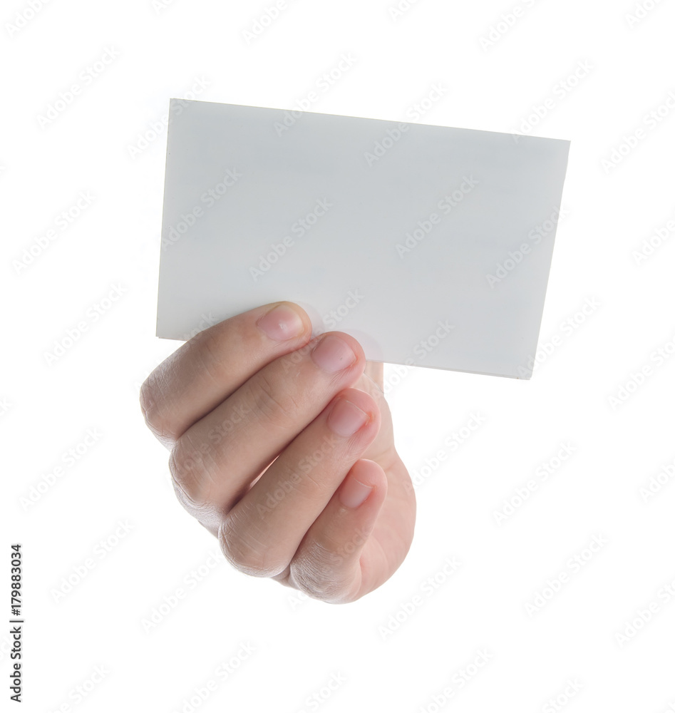 Empty paper card in hand isolated on white background,Front view Empty paper card in hand isolated on white background,Front view