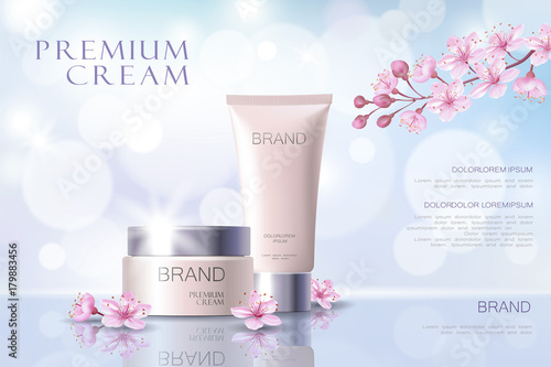 Sakura flower cosmetic promotional poster template. Pink petal blossom japanese branch. Golden pink package realistic 3d face care defocused background vector illustration