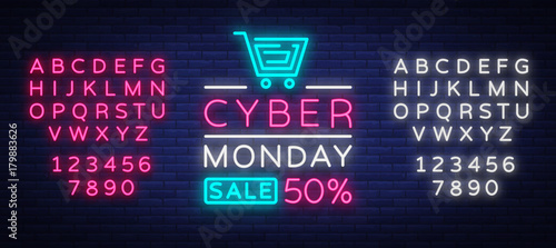 Cyber Monday, discount sale concept illustration in neon style, online shopping and marketing concept, vector illustration. Neon luminous signboard, bright banner. Editing text neon sign