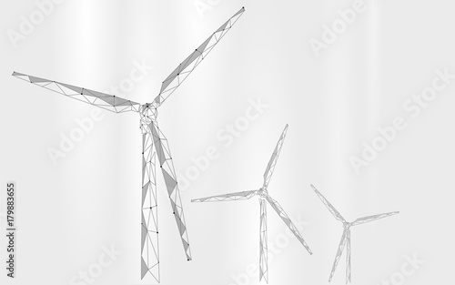 Wind generator low poly abstract background. Save ecology green energy electricity business concept. Windmill tower white gray sky clouds landscape polygonal geometric vector illustration