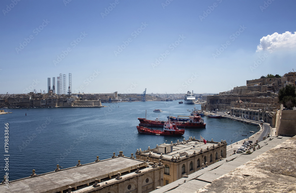 View of ships and Valletta city in Malta.