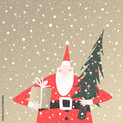 Winter holidays vector card with Santa Claus holding wrapped present and Christmas tree on golden background