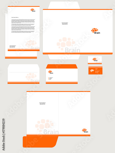 Business corporate identity set isolated vector template, white background. Orange color brain logo. Card, blank, folder, envelope.