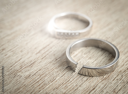 Cracked silver wedding ring on wood,Divorce and ending relationship concept