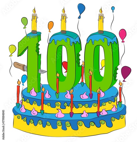 100 Birthday Cake With Number Hundred Candle, Celebrating Hundredth Year of Life, Colorful Balloons and Chocolate Coating