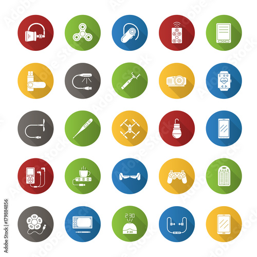 Gadgets flat design long shadow glyph icons set