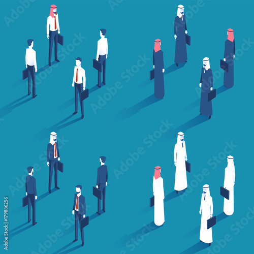 Different Businessmen with case in left hand in suit and shirt with red tie in isometric view. A bearded businessman. Arab businessmen with red and white arabesque