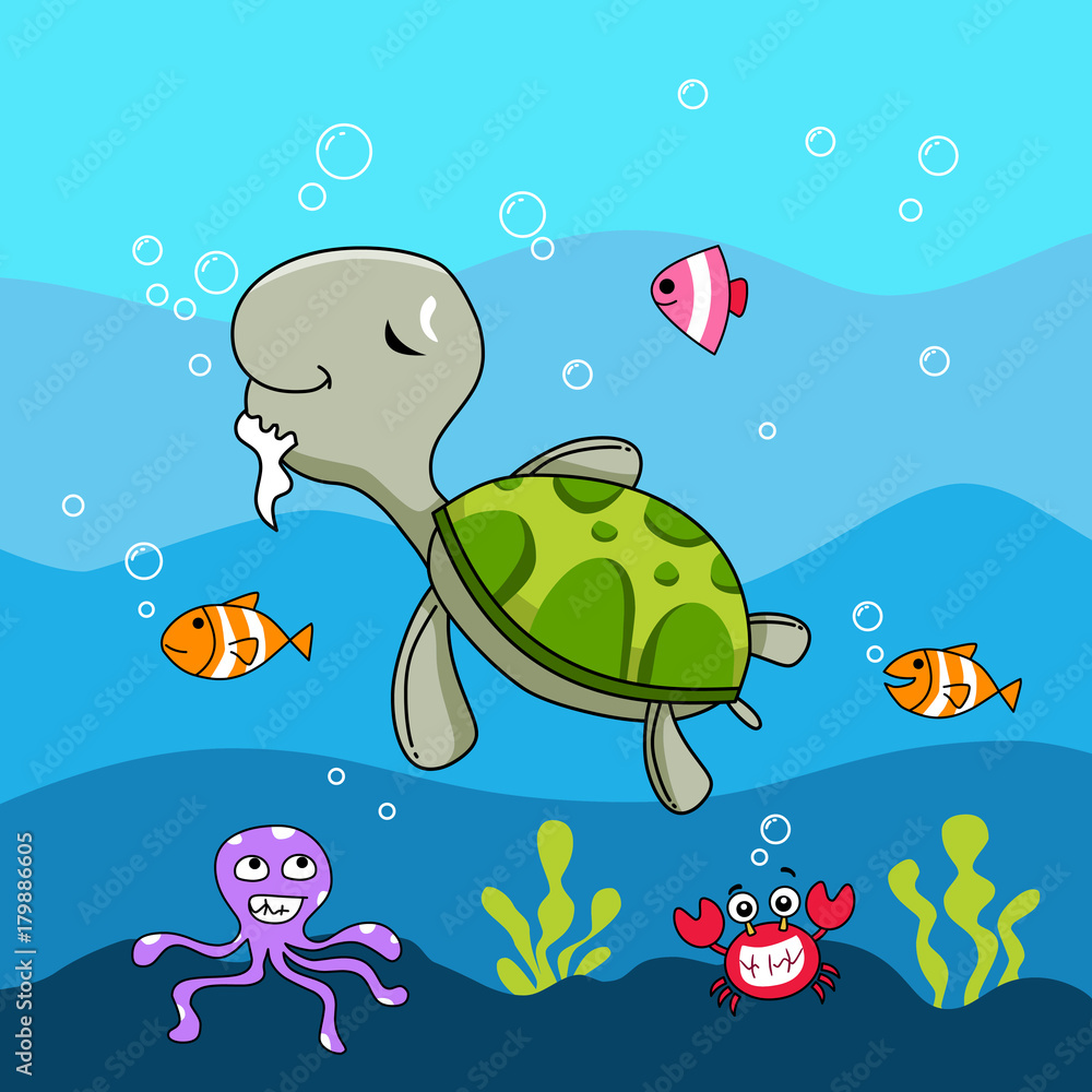 Naklejka premium the old turtle. underwater life background