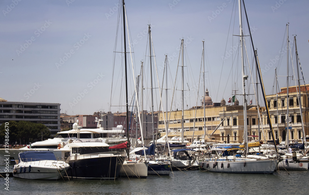 View of yachts at marina in Catania city in Sicily region of Italy.